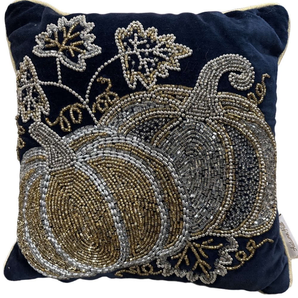 Autumn Hill fall themed decorative pillow. Pumpkins beads velvet navy blue gold